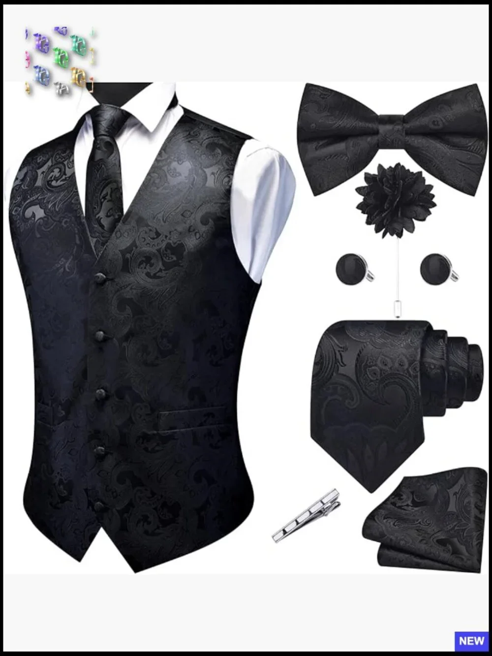 Men's Formal V-Neck Vest Set Paisley Jacquard Silk Blend Elegant Wedding Attire